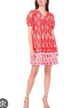 MSK Petite Red White Boho Floral Print Dress LP Large Petite Puff Sleeve NWTDes